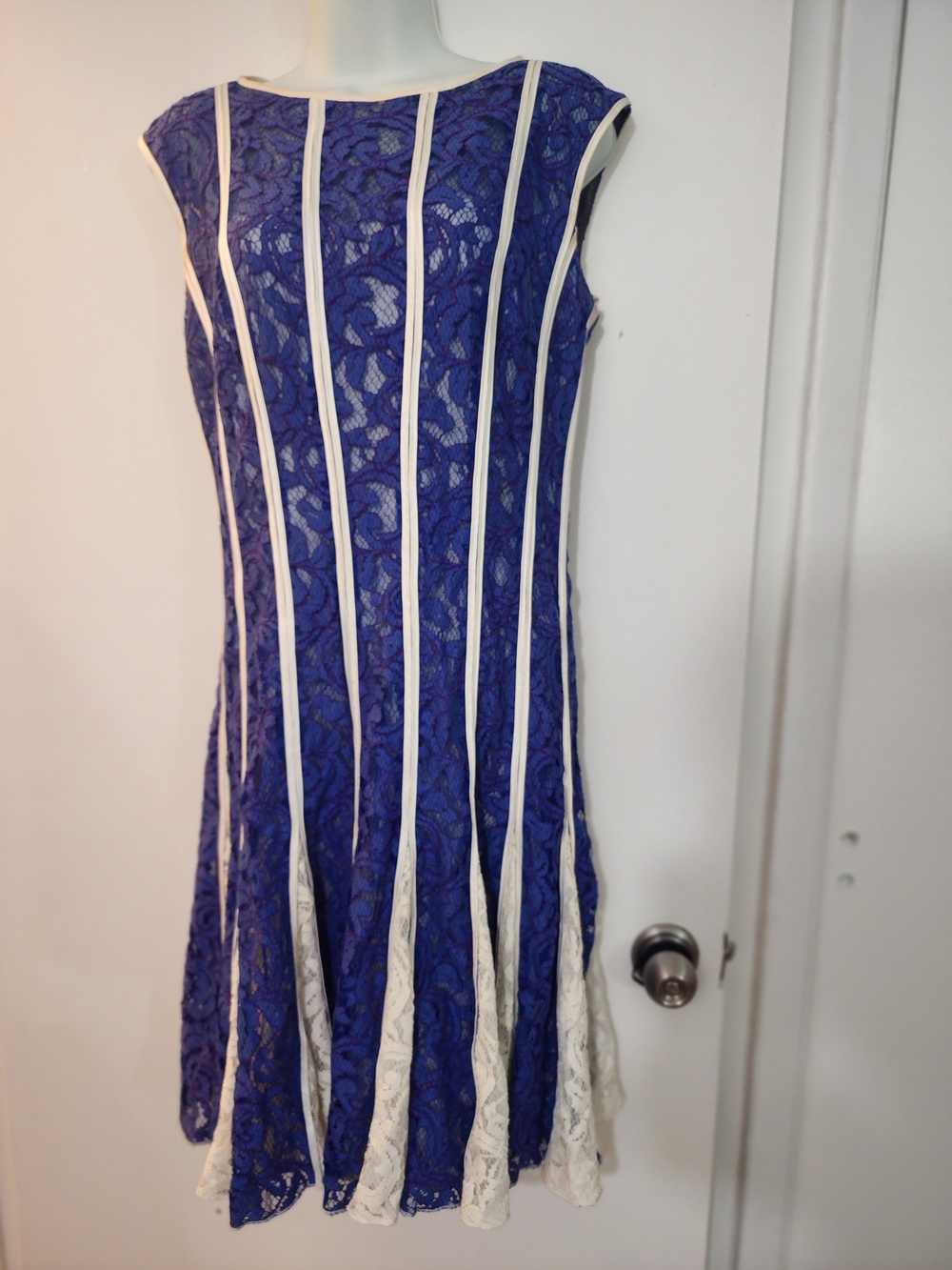 Tadashi Shoji Royal Blue and White Lace Paneled Midi Dress